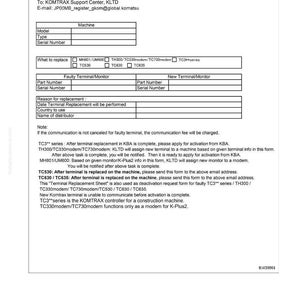 May include: A Terminal Replacement Sheet from KOMTRAX Support Center, KLTD, with fields for machine details, replacement reasons, and terminal information. Includes checkboxes for terminal types and space for part numbers and serial numbers.