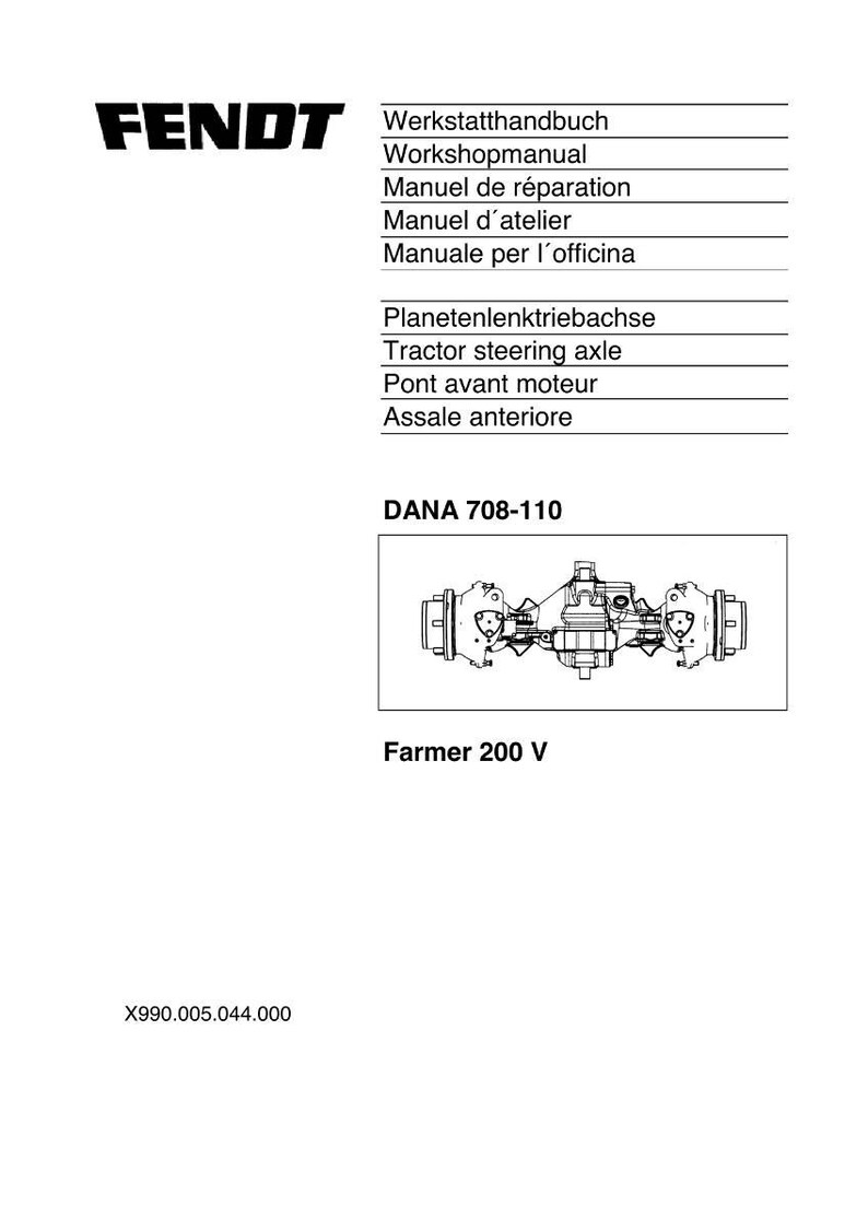 May include: A white page with the FENDT logo and text in multiple languages, including "Workshopmanual" and "Tractor steering axle." Below is a diagram of a tractor axle, labeled "DANA 708-110" and "Farmer 200 V."