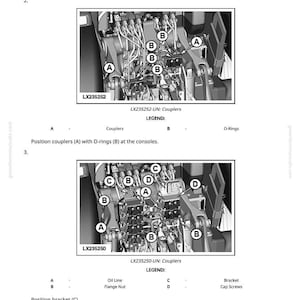 May include: Diagram of machinery components, including couplers, O-rings, and brackets, with labels A, B, C, and D. The image includes torque specifications of 7 N-m or 5 lb-ft for studs. Text reads "LX235252-UN: Couplers" and "LX235250-UN: Couplers."