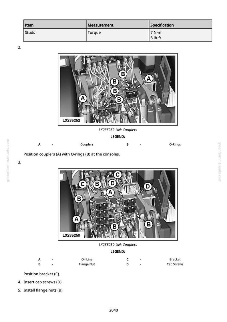 May include: Diagram of machinery components, including couplers, O-rings, and brackets, with labels A, B, C, and D. The image includes torque specifications of 7 N-m or 5 lb-ft for studs. Text reads "LX235252-UN: Couplers" and "LX235250-UN: Couplers."