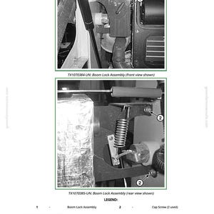 May include: Diagram of a boom lock assembly, with front and rear views. The image includes labels for the boom lock assembly and cap screws. Text at the bottom provides instructions for removal and repair.