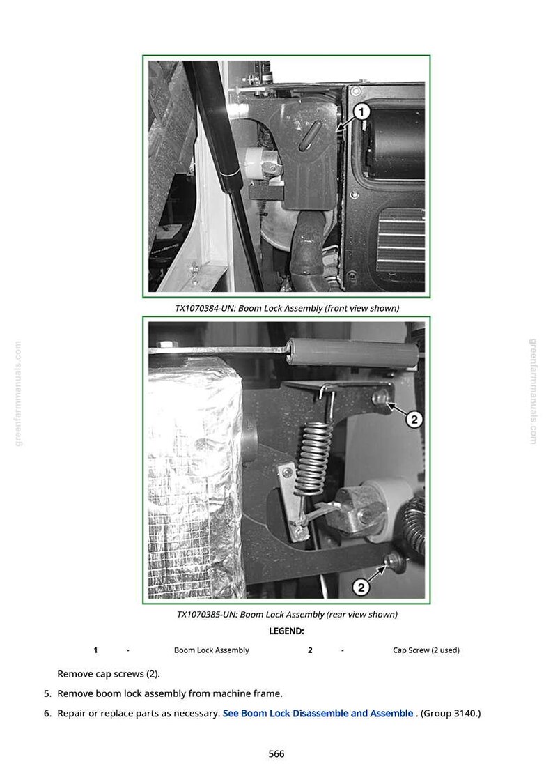 May include: Diagram of a boom lock assembly, with front and rear views. The image includes labels for the boom lock assembly and cap screws. Text at the bottom provides instructions for removal and repair.