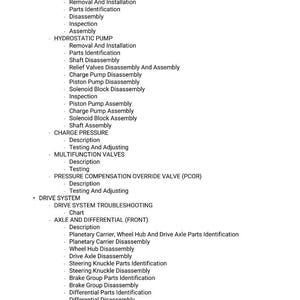May include: A white document with a list of mechanical components and procedures, including "Troubleshooting Chart," "Hydrostatic Drive Motor," and "Axle and Differential (Front)." The text is in a sans-serif font.