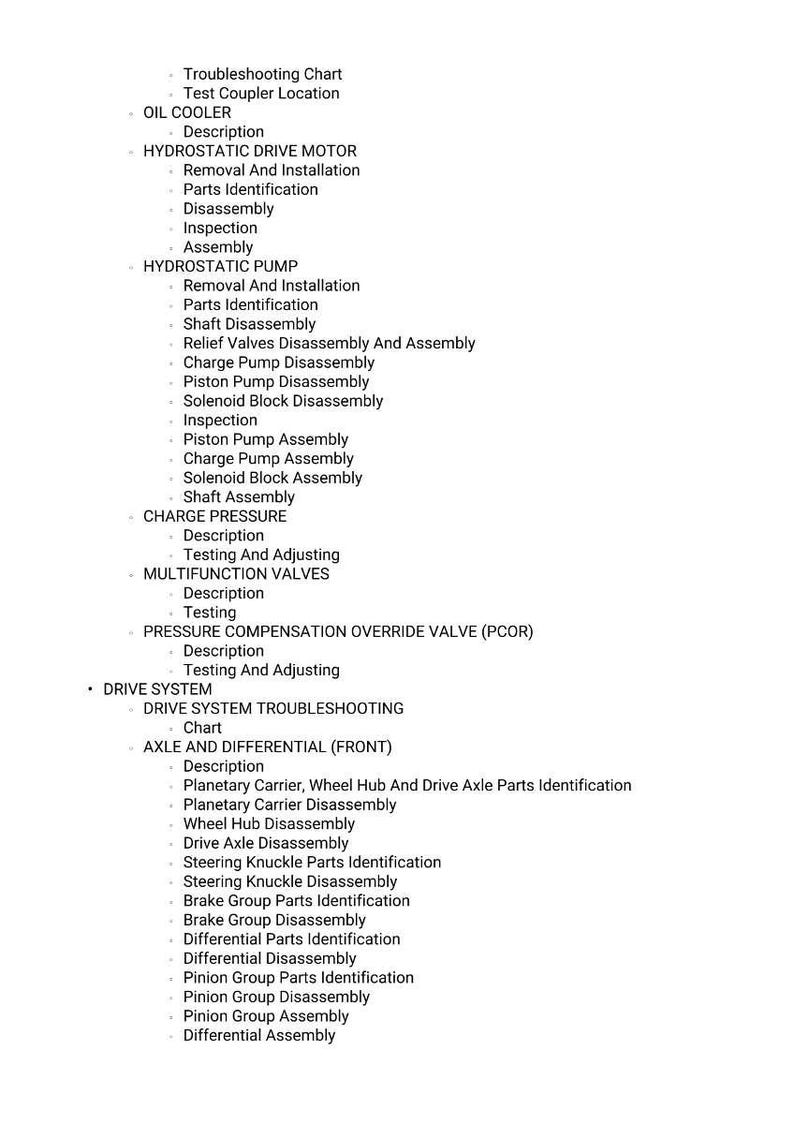 May include: A white document with a list of mechanical components and procedures, including "Troubleshooting Chart," "Hydrostatic Drive Motor," and "Axle and Differential (Front)." The text is in a sans-serif font.