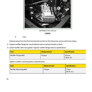 May include: Black and white diagram of an engine with a fuel line. The diagram includes a legend and specifications for tightening muffler flange bolts to 18 lb.-ft. and muffler mounting bolts to 65 lb.-in.