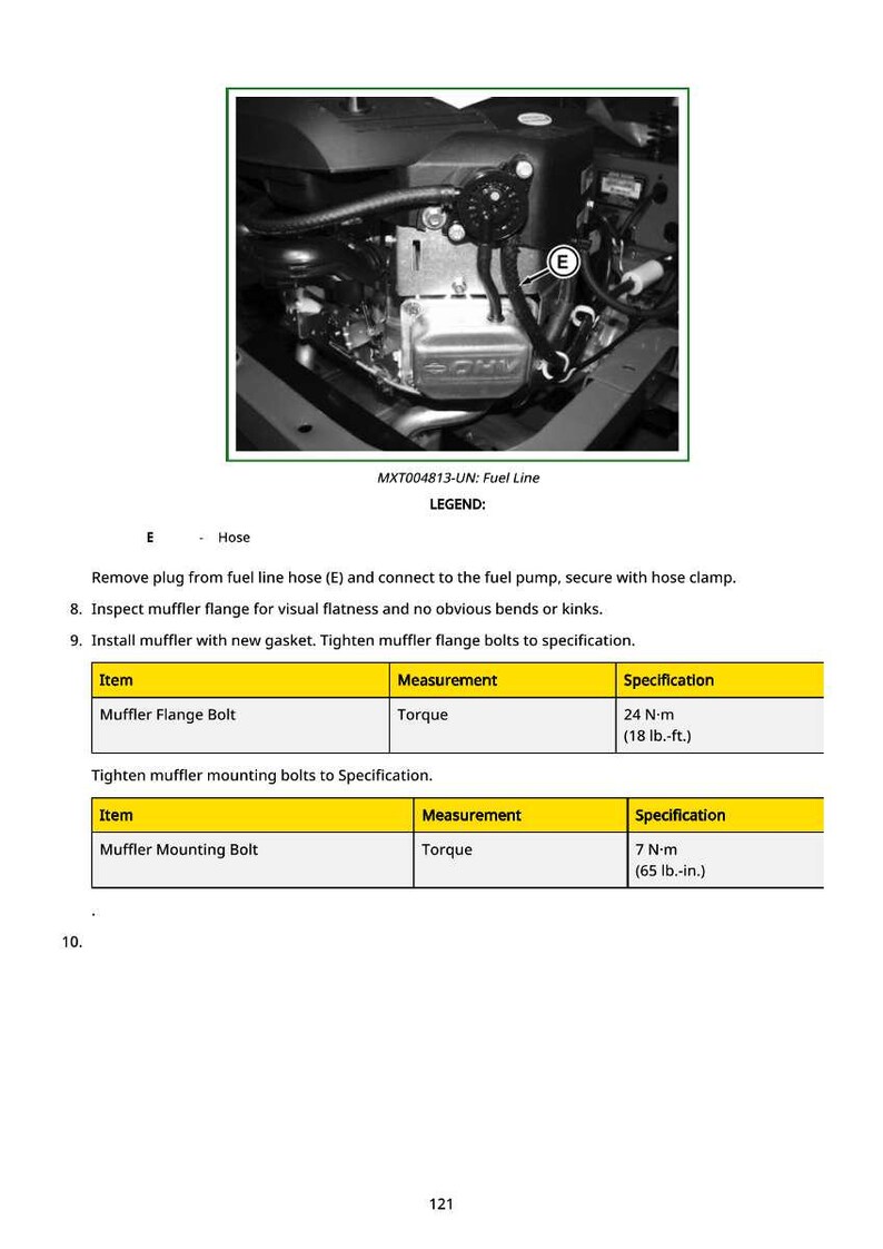 May include: Black and white diagram of an engine with a fuel line. The diagram includes a legend and specifications for tightening muffler flange bolts to 18 lb.-ft. and muffler mounting bolts to 65 lb.-in.