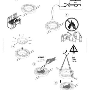 May include: Diagram with numbered steps for a mechanical process. Includes illustrations of circular components, tools, and safety symbols. Text includes "MSA10", "AIR", and weight specifications of 76 kg / 168 lb.