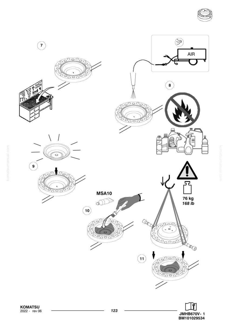 May include: Diagram with numbered steps for a mechanical process. Includes illustrations of circular components, tools, and safety symbols. Text includes "MSA10", "AIR", and weight specifications of 76 kg / 168 lb.