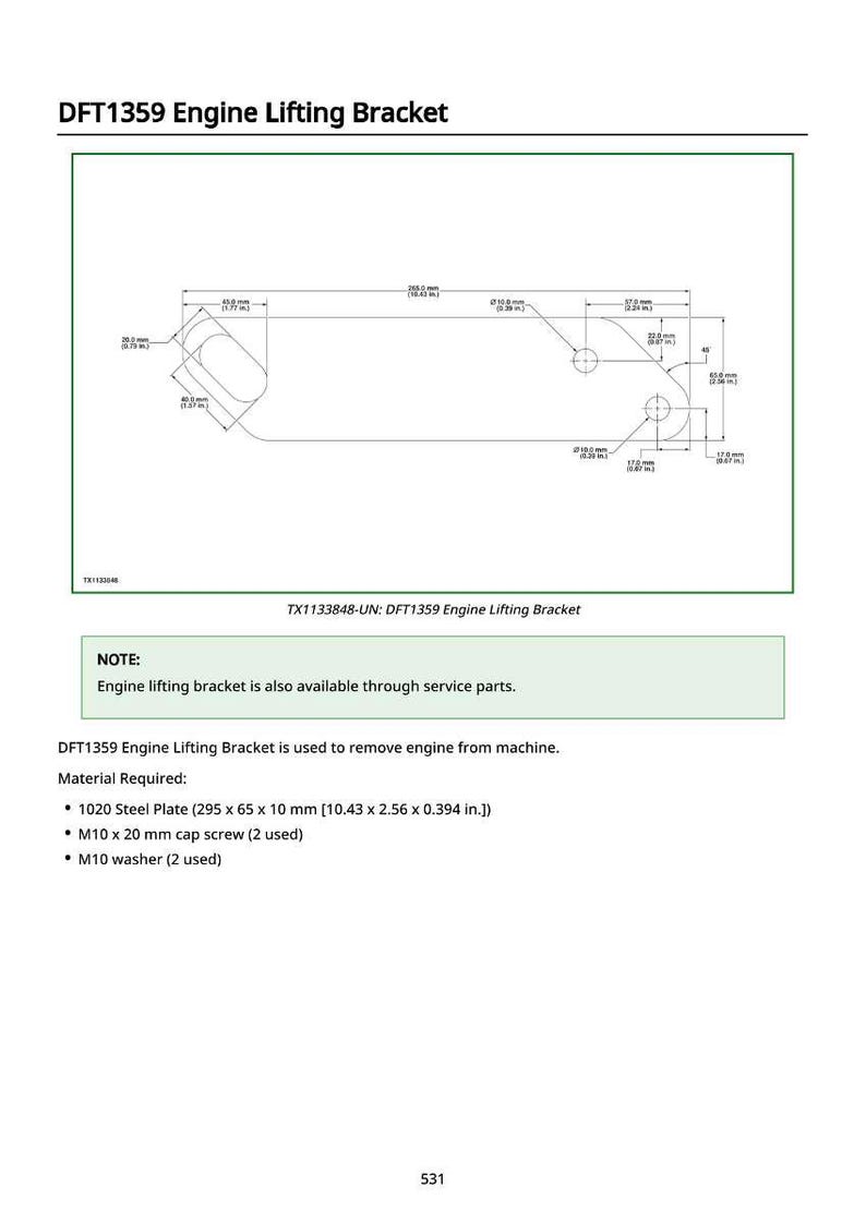 K&ouml;nnte beinhalten: Diagramm einer DFT1359 Motorhebehalterung. Die Halterung besteht aus einer 1020 Stahlplatte, 295 x 65 x 10 mm, mit zwei L&ouml;chern und abgerundeten Kanten. Das Diagramm enth&auml;lt Ma&szlig;e in Millimetern und Zoll.