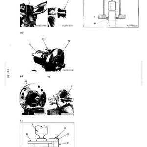 May include: Technical diagram with multiple detailed illustrations of mechanical components. The image includes various views of parts labeled with numbers and reference codes, likely for assembly or repair instructions. The diagrams are in black and white.
