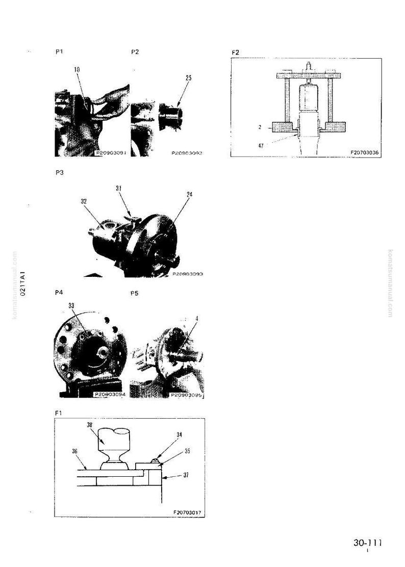 May include: Technical diagram with multiple detailed illustrations of mechanical components. The image includes various views of parts labeled with numbers and reference codes, likely for assembly or repair instructions. The diagrams are in black and white.