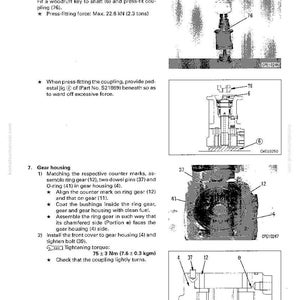 K&ouml;nnte beinhalten: Diagramm aus einem Handbuch, das die Demontage und Montage einer Kraftstoffpumpe detailliert. Das Bild enth&auml;lt Illustrationen von Komponenten mit Beschriftungen und Messungen in Newton und Kilogramm. Der Text enth&auml;lt Anweisungen f&uuml;r Kupplung und Getriebegeh&auml;use.