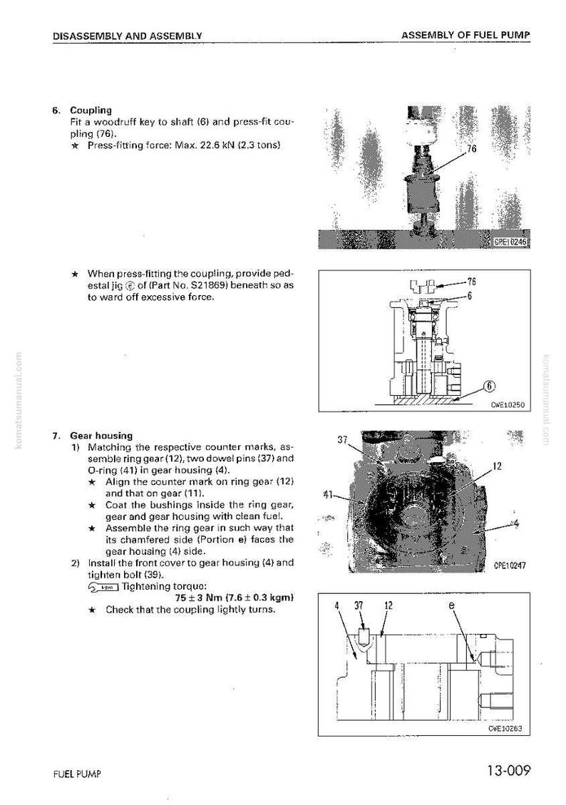 K&ouml;nnte beinhalten: Diagramm aus einem Handbuch, das die Demontage und Montage einer Kraftstoffpumpe detailliert. Das Bild enth&auml;lt Illustrationen von Komponenten mit Beschriftungen und Messungen in Newton und Kilogramm. Der Text enth&auml;lt Anweisungen f&uuml;r Kupplung und Getriebegeh&auml;use.