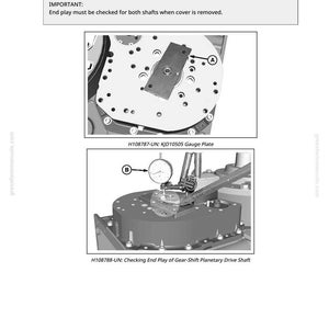 May include: Diagram illustrating the process of checking the end play of a countershaft and planetary shaft. The image includes close-ups of mechanical components, a gauge plate, and a dial indicator. Text includes instructions and part numbers.
