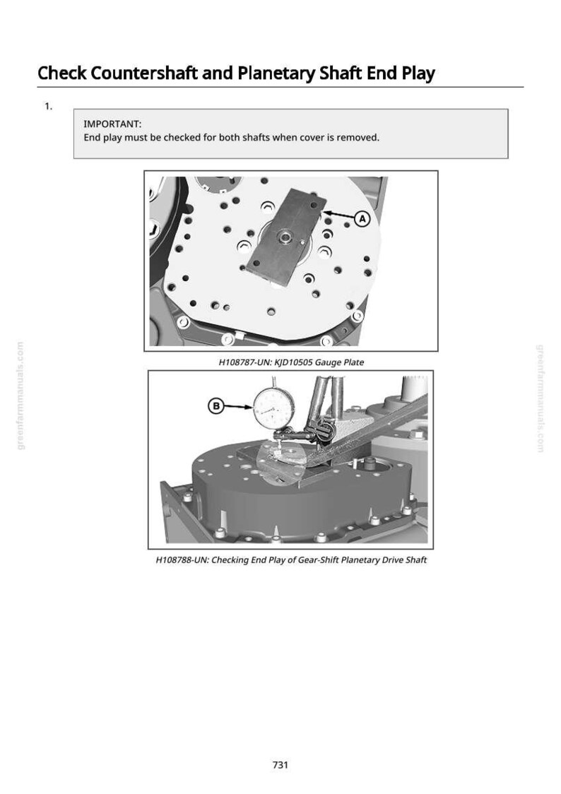 May include: Diagram illustrating the process of checking the end play of a countershaft and planetary shaft. The image includes close-ups of mechanical components, a gauge plate, and a dial indicator. Text includes instructions and part numbers.