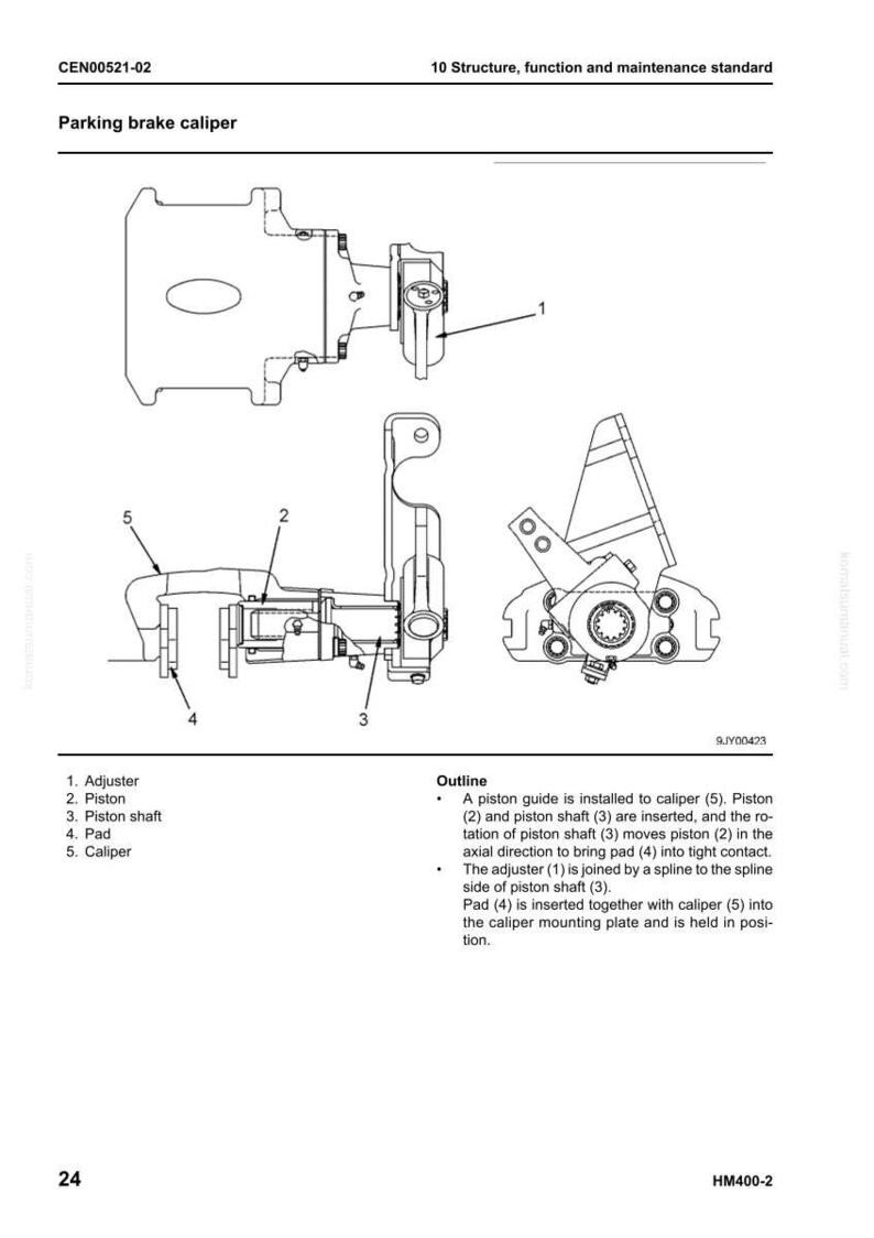 May include: Diagram of a parking brake caliper with labeled components: adjuster, piston, piston shaft, pad, and caliper. The diagram includes an outline describing the function of each part.