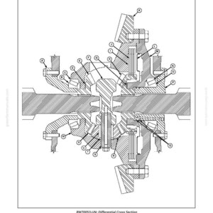 Op de afbeelding: Een gedetailleerde dwarsdoorsnede van een achterdifferentieel, gelabeld met letters. De afbeelding is in zwart-wit en toont de interne componenten en hun opstelling. De tekst "Rear Differential - Cross Sectional View" staat bovenaan.