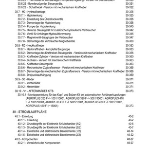 May include: A detailed table of contents in German, listing various mechanical components and systems. Includes sections on hydraulics, wheels, and electrical components, with page numbers for easy reference. The document appears to be a technical manual.