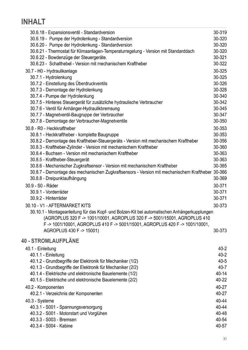 May include: A detailed table of contents in German, listing various mechanical components and systems. Includes sections on hydraulics, wheels, and electrical components, with page numbers for easy reference. The document appears to be a technical manual.