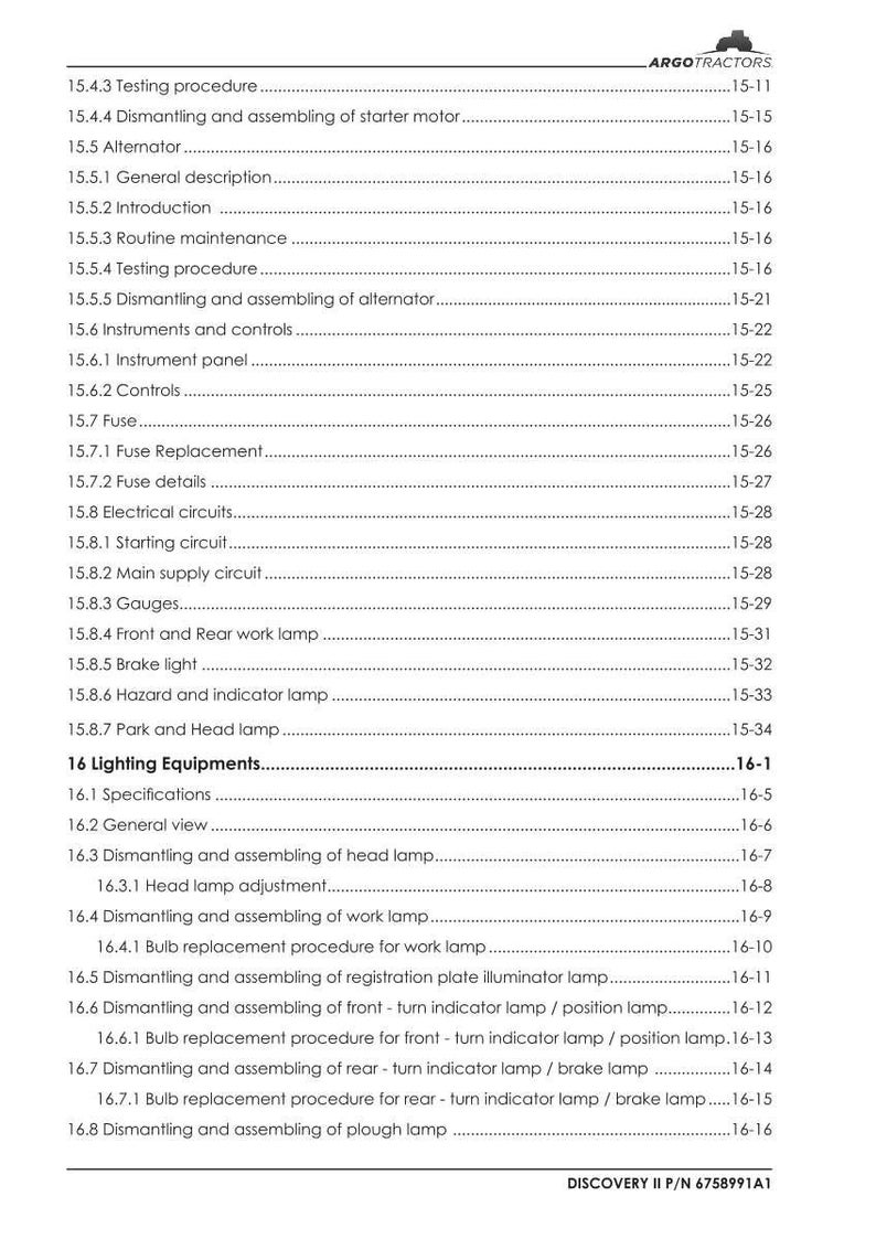 May include: A detailed table of contents from a manual, featuring sections on lighting equipment, electrical circuits, and instruments. The text includes specifications, general views, and procedures for various components. The document is labeled "DISCOVERY II P/N 6758991A1".