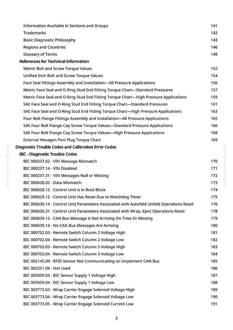 May include: A white-background page from a manual with a table of contents. The text includes sections on torque values, fitting assemblies, and diagnostic trouble codes. The page number is 3.