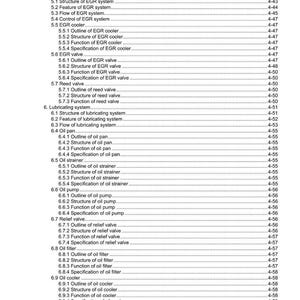 May include: A detailed table of contents from a technical manual, listing various engine components and their specifications. The document includes sections on exhaust systems, EGR systems, oil systems, and more. The document is dated 2020.