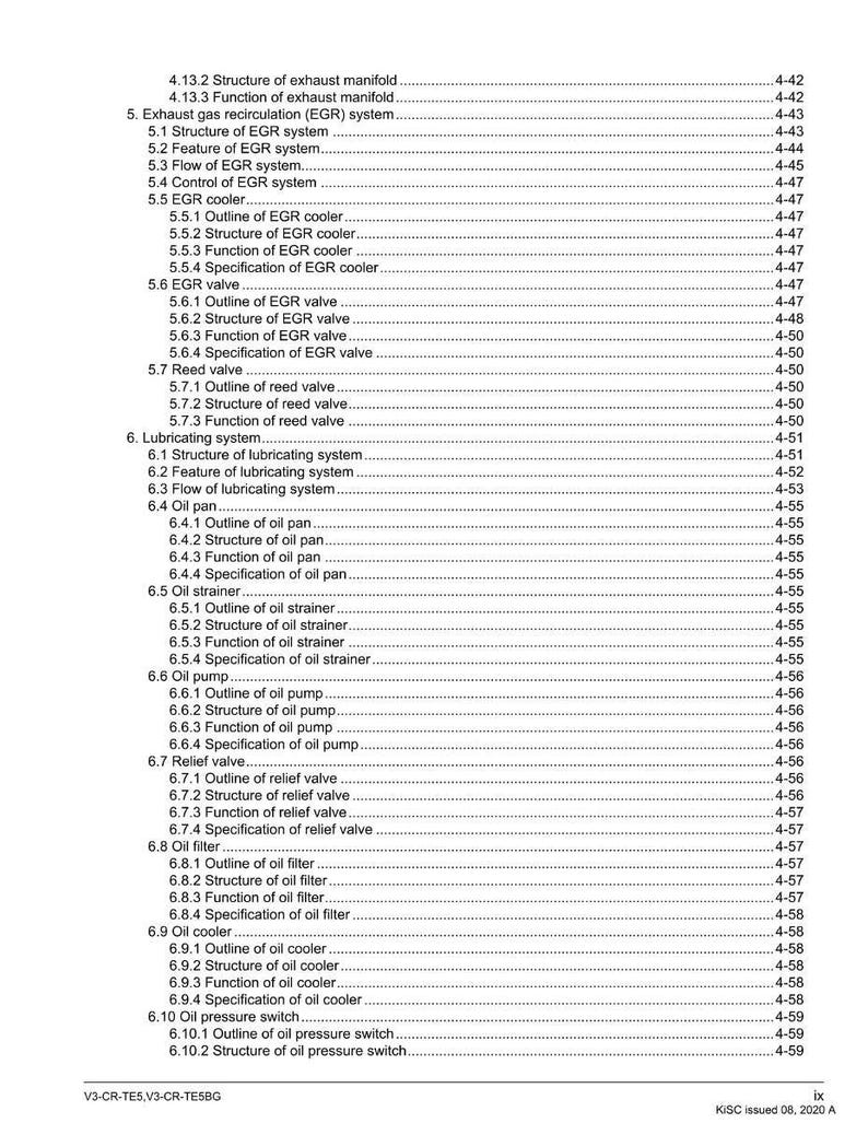 May include: A detailed table of contents from a technical manual, listing various engine components and their specifications. The document includes sections on exhaust systems, EGR systems, oil systems, and more. The document is dated 2020.
