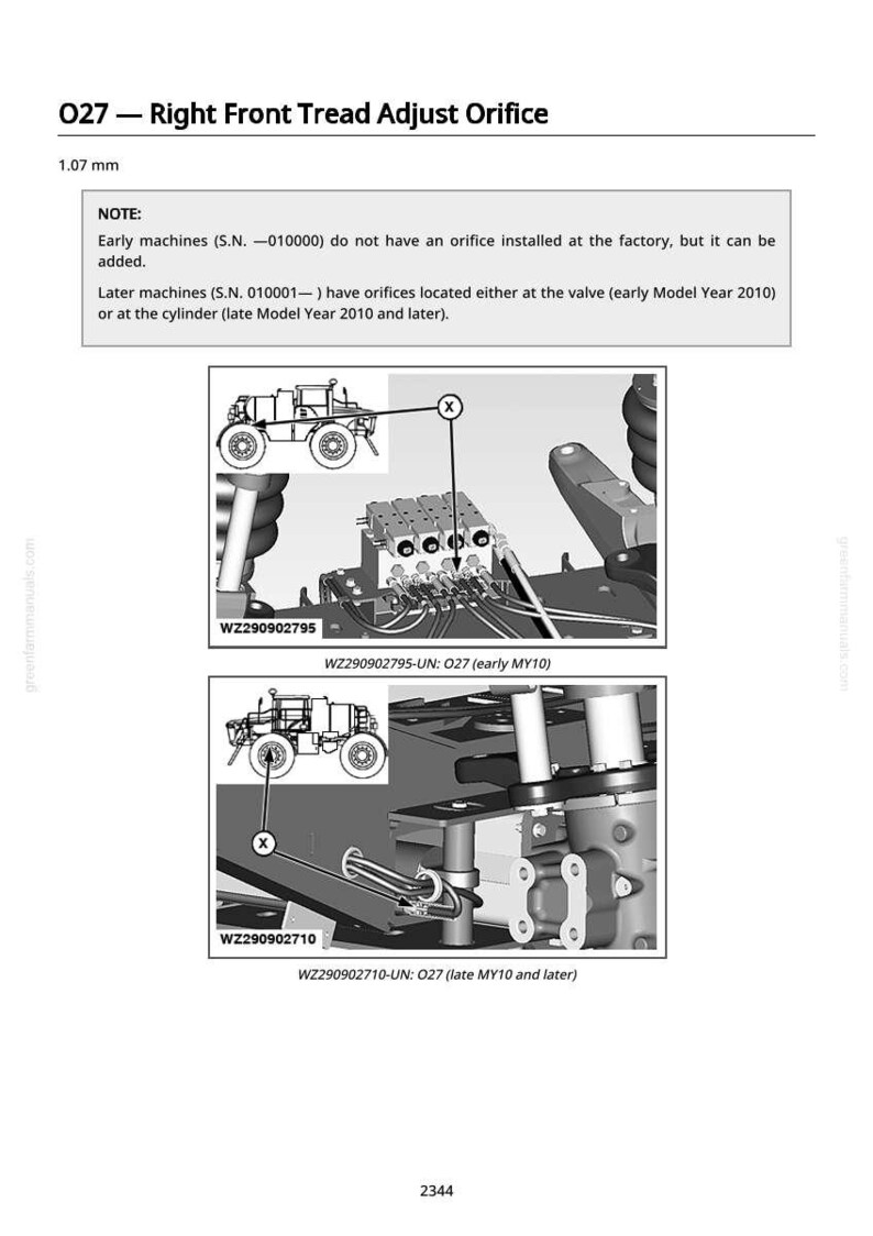 May include: Diagram of a machine component labeled "O27 - Right Front Tread Adjust Orifice." Includes detailed illustrations with arrows pointing to specific parts. Text provides notes on orifice installation for different machine models.