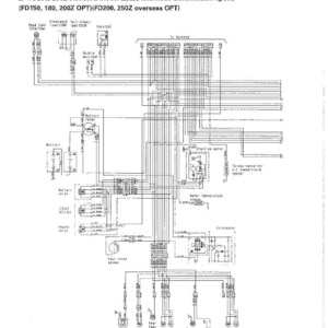 May include: An electric circuit diagram for FD200 and 250Z models, including automatic transmission specifications. The diagram features numerous lines, symbols, and labels, detailing the electrical components and their connections. Text includes "Electric Circuit Diagram" and model specifications.