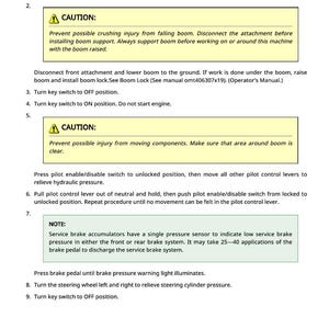 May include: A page from an operator's manual detailing procedures for hydraulic system pressure and accumulator discharge. Includes safety warnings and step-by-step instructions for equipment maintenance.