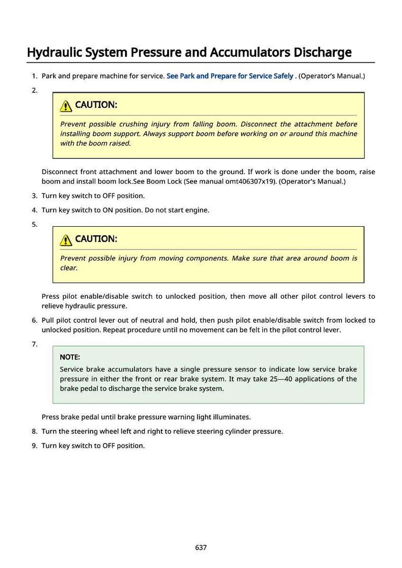 May include: A page from an operator's manual detailing procedures for hydraulic system pressure and accumulator discharge. Includes safety warnings and step-by-step instructions for equipment maintenance.