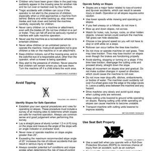 May include: Safety guidelines for operating machinery are displayed on a white page. The text covers topics like avoiding accidents, safe operation on slopes, and seat belt use. Includes warnings about children and potential hazards.