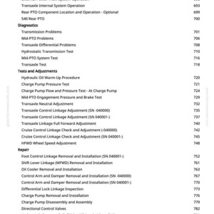 May include: A white-background page with a detailed table of contents for a manual. The text includes sections on operation, diagnostics, tests, adjustments, and repair, with page numbers listed on the right.