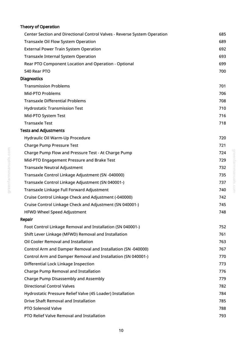 May include: A white-background page with a detailed table of contents for a manual. The text includes sections on operation, diagnostics, tests, adjustments, and repair, with page numbers listed on the right.