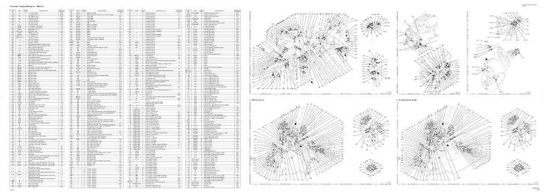 May include: A detailed technical drawing with multiple diagrams and a long list of specifications. The diagrams feature complex, interconnected lines and shapes, while the list contains numerous entries. The overall image is in black and white.