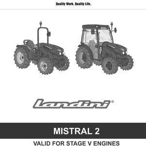 Puede incluir: Portada de manual de servicio con dos ilustraciones en blanco y negro de tractores. El texto incluye "ARGO TRACTORS", "Landini" y "MISTRAL 2". El manual es v&aacute;lido para motores Stage V.