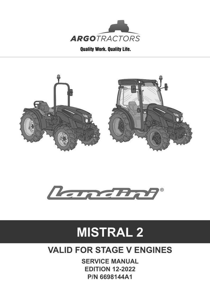 Puede incluir: Portada de manual de servicio con dos ilustraciones en blanco y negro de tractores. El texto incluye "ARGO TRACTORS", "Landini" y "MISTRAL 2". El manual es v&aacute;lido para motores Stage V.