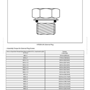 May include: An external hexagon port plug torque chart with a diagram of the plug. The chart lists port or stud end thread sizes and corresponding torque values in Newton-meters and pound-feet.