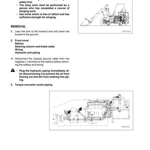 May include: Diagram of a torque converter and transmission system, with text detailing removal and installation steps. Includes illustrations of machinery components and safety instructions. The page is from a technical manual.