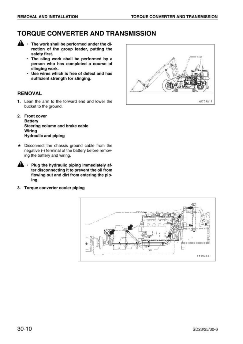 May include: Diagram of a torque converter and transmission system, with text detailing removal and installation steps. Includes illustrations of machinery components and safety instructions. The page is from a technical manual.