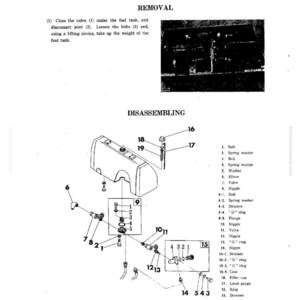 May include: Diagram of a fuel tank with labeled parts for removal and disassembly. The image includes a detailed exploded view of the tank components, with numbered labels and a parts list. Text includes "FUEL TANK" and "REMOVAL".