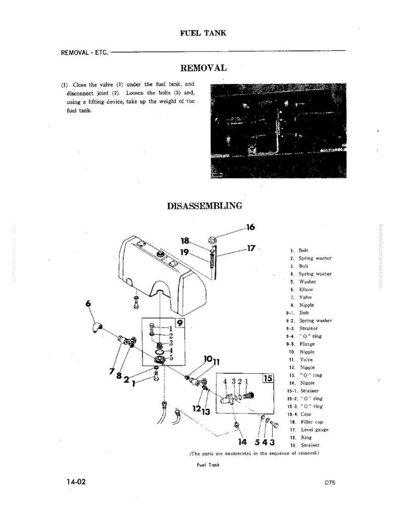 May include: Diagram of a fuel tank with labeled parts for removal and disassembly. The image includes a detailed exploded view of the tank components, with numbered labels and a parts list. Text includes "FUEL TANK" and "REMOVAL".