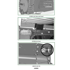 May include: Diagram of tractor components, including the hood, door, cap screws, cotter pin, and rear hinge pin. The image is labeled with part numbers and a legend for easy identification of each part.