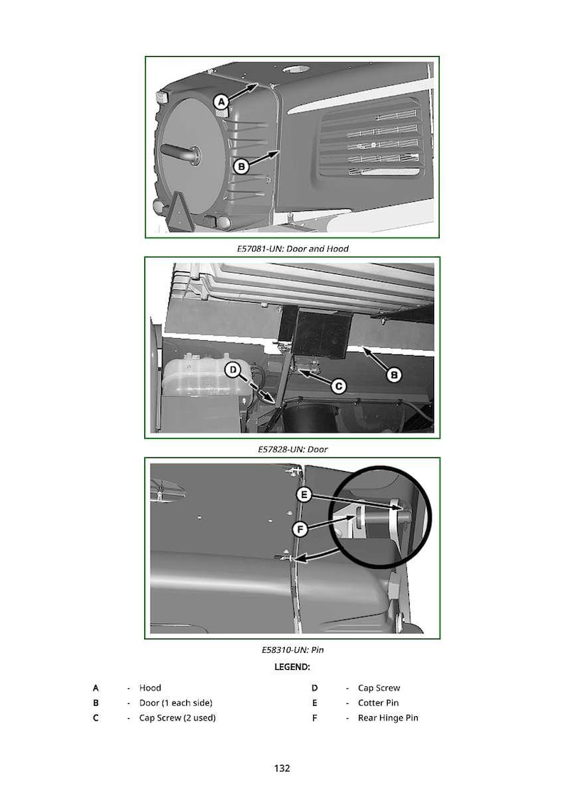 May include: Diagram of tractor components, including the hood, door, cap screws, cotter pin, and rear hinge pin. The image is labeled with part numbers and a legend for easy identification of each part.