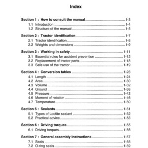 K&ouml;nnte beinhalten: Eine Seite aus einem Handbuch mit dem Titel "Kapitel 1: Einf&uuml;hrung" mit einem Inhaltsverzeichnis. Abschnitte umfassen Traktoridentifizierung, Sicherheit und Umrechnungstabellen. Die Seite ist wei&szlig; mit schwarzem Text.
