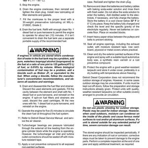 May include: A page from a Detroit Diesel engine maintenance manual, detailing storage procedures. Instructions include draining fluids, cleaning components, and applying rust prevention. Warnings are highlighted throughout the text.