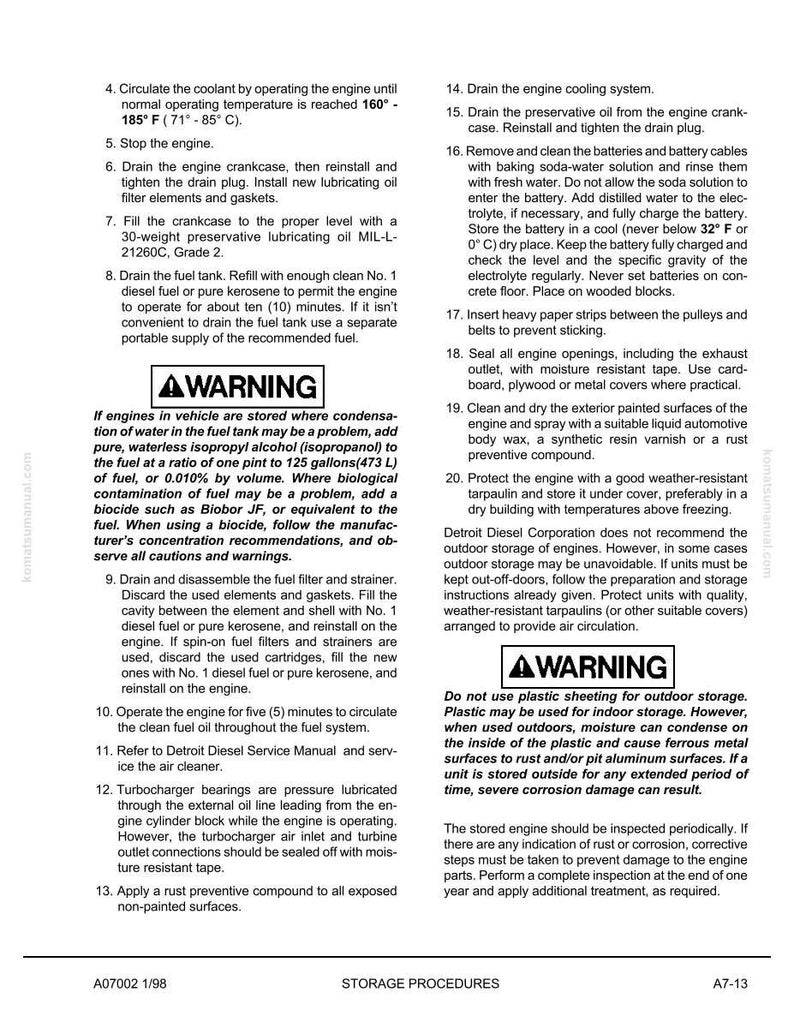 May include: A page from a Detroit Diesel engine maintenance manual, detailing storage procedures. Instructions include draining fluids, cleaning components, and applying rust prevention. Warnings are highlighted throughout the text.