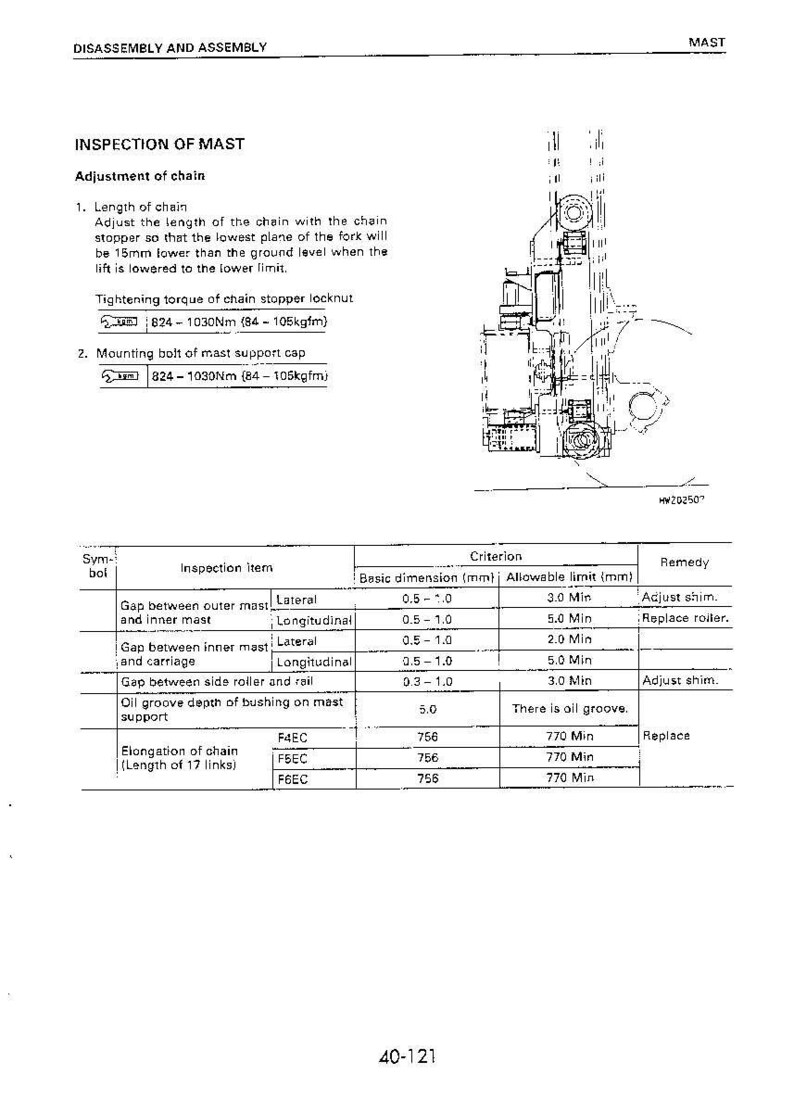 May include: Diagram of a mast inspection with measurements in millimeters. The text includes instructions for adjusting the chain length and tightening torque. The diagram shows a detailed mechanical drawing.