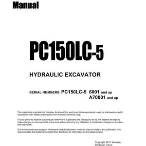 Może przedstawiać: Biała okładka instrukcji warsztatowej z czarnym tekstem. Tytuł "Shop Manual" znajduje się na g&oacute;rze, a model "PC150LC-5" jest wyraźnie wyświetlany. Tekst "Hydraulic Excavator" znajduje się poniżej.