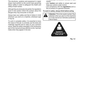 May include: A page from a manual with the title "Essential rules for accident prevention." The text includes safety guidelines and a warning symbol. A black and white triangle with a person inside and the words "SAFETY first of all" is also shown.